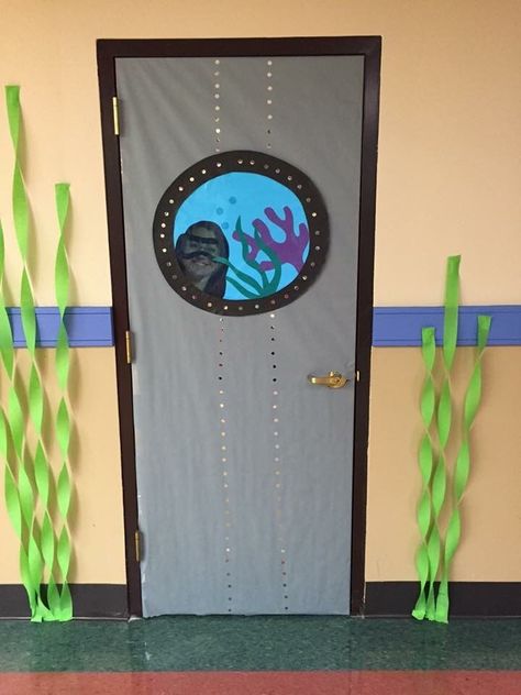 Under The Sea Class Decoration, Under The Sea Party Ideas Decoration, Under The Sea Hallway Theme, Underwater Hallway Decorations, Submarine Decorations Under The Sea, Under The Sea Door Theme, Vbs Sea Theme, Breaker Rock Beach Classroom Decorations, Ocean Hallway Decorations