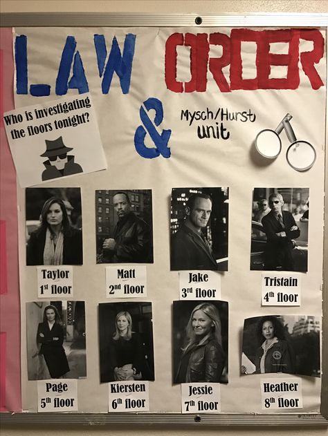 RA Duty Board #ra #duty #dutyboard #radutyboard Law & Order SVU #svu #lawandorder #svudutyboard Whos On Duty Board Ra, On Duty Board, Bulletin Boards Theme, Ra Bulletins, Ra Boards, Ra Bulletin Boards, Law Order Svu, Ra Ideas, Law And Order Svu