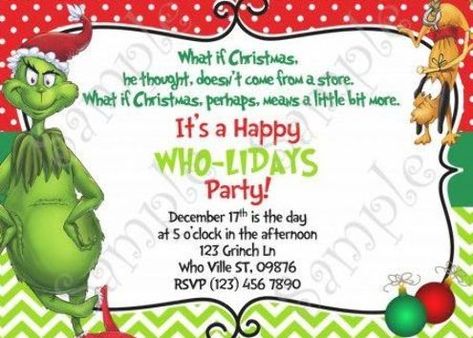 Grinch Christmas Party Invitation, Free Grinchmas card Grinchmas Ideas, Grinch Recipes, Christmas Party Invitations Free, Grinchmas Party, Grinch Decor, Recreational Therapy, Birthday Party Invitation Wording, Ward Christmas Party, Motto Party