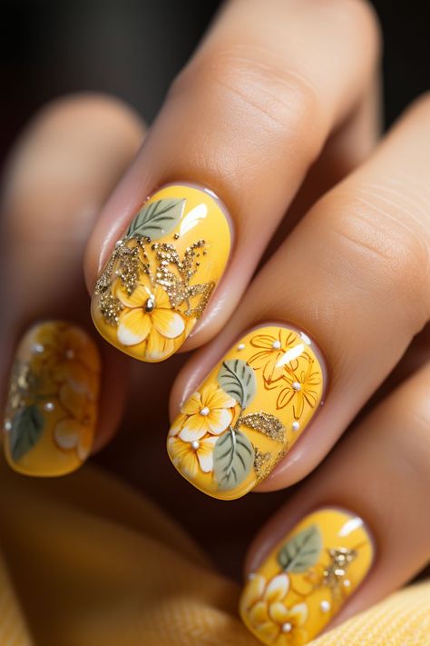 summer nails, yellow color nails, yellow nails, lemon slice designs, citrus-inspired, citrus nails, fruity nail art, summery manicure, vibrant yellow, summer nail trends, fun nail designs, citrusy yellow, flower pattern, flower-themed, yellow nail art, citrus fruit nails, bright yellow, playful nail art, lemonade-inspired manicure, yellow and lemon slice, citrus zest, summertime nails, lemon accents, fresh and fruity, yellow nail polish, lemonade and citrus, citrus slice Nails With Yellow Flowers, Yellow Nails Lemon, Summer Nails Yellow, Citrus Nails, Nails With Yellow, Nails Lemon, Fun Nail Designs, Summertime Nails, Citrus Slice