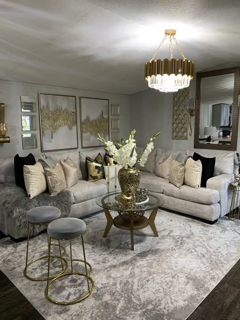 Gray White Taupe Living Room, Tabluhat Design, Grey With Gold Accents Living Room, Grey Brown Gold Living Room, Cream Silver And Gold Living Room, Gray And Brown Living Room Ideas Cozy, Gray Cream And Gold Living Room, Grey Couch Gold Accents, Bohemian Luxury Interior