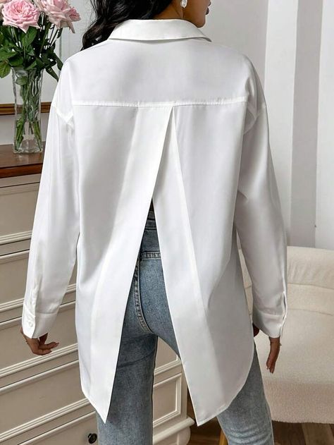 90s Minimalism Fashion, Denim And Pearls, Drop Shoulder Shirt, White Shirts Women, Big Shirt, Fashion Tops Blouse, Back Drop, Plain Shirt, Women Blouses