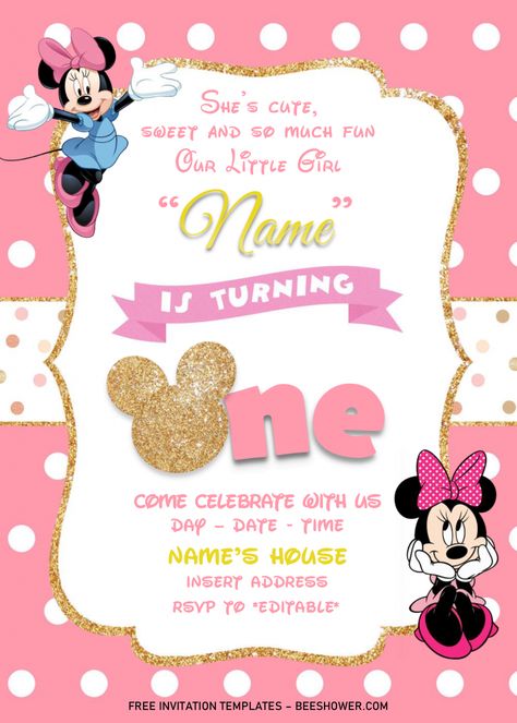 Gold Glitter Minnie Mouse Birthday Invitation Templates – Editable .Docx | FREE Printable Baby Shower Invitations Templates Minnie Birthday Invitations, Baby Birthday Invitation Card, Minnie Invitations, Minnie Mouse First Birthday, Minnie Mouse Birthday Invitations, 1st Birthday Invitation Template, Minnie Mouse Invitations, Birthday Invitation Card Template, Baby Birthday Invitations