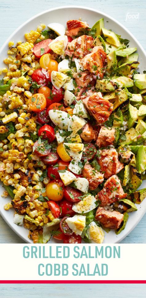 Recipe of the Day: Grilled Salmon Cobb Salad ✨ This spin on a classic Cobb salad hits all the right notes for summer: juicy tomatoes and ripe avocado, of course, with the additions of fresh corn and rich salmon. The other twist? Just about all the components are grilled — even the lettuce! Salmon Cobb Salad, Grilled Salmon Salad, Classic Cobb Salad, Cobb Salad Recipe, Grilled Avocado, Beautiful Salad, Avocado Salad Recipes, Salmon Avocado, Stewed Potatoes