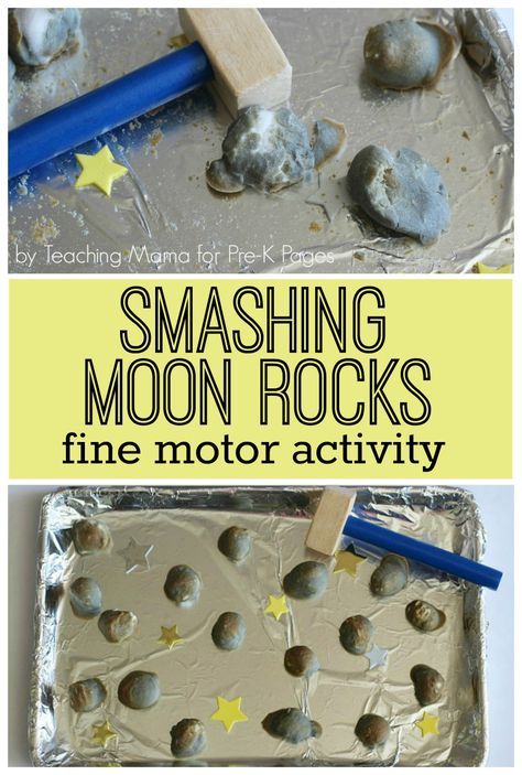 Moon Rocks Fine Motor Activity - fun activity with smashing! Don't know a child who wouldn't love it! Space Activities Preschool, Preschool Space Theme, Space Lesson Plans, Outer Space Activities, Space Theme Preschool, Space Lessons, Moon Activities, Space Activities For Kids, Space Preschool