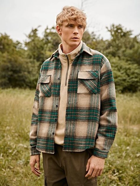 Men Plaid Flap Pocket Overcoat | SHEIN USA Men Flannel Outfits, Plaid Jacket Outfit, Flannel Outfits Fall, Flannel Outfits Men, Flannel Shirt Outfit, Plaid Shirt Outfits, Overcoat Men, Shirt Outfit Men, Flannel Outfits