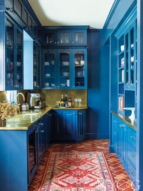 Tour a Revitalized 100-Year Old Home in Larchmont - Cottages & Gardens Blue Victorian Kitchen, New York Brownstone Interior, Jewel Tone Blue, New York Brownstone, Butler’s Pantry, Shower Fittings, Mosaic House, Butler Pantry, Old Home