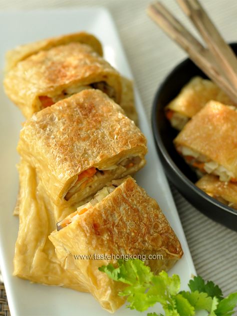 Yuba Wraps (Beancurd Sheet Rolls) – a Traditional Chinese Vegetarian Dish | Hong Kong Food Blog with Recipes, Cooking Tips mostly of Chinese and Asian styles | Taste Hong Kong Chinese Vegetarian, Black Mushrooms, Tofu Skin, Bread Pancakes, Shredded Cabbage, Vegetarian Chicken, Chinese Recipe, Hong Kong Food, Vegetarian Dish