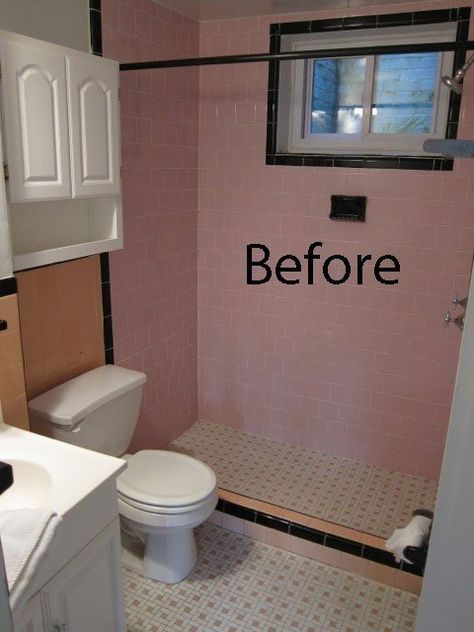 Black Tiled Bathroom, Goth Bathroom, Pink Tile Bathroom, New Townhouse, Pink Bathroom Tiles, Pink And Black Bathroom, Black Tile Bathrooms, Peach Bathroom, Cottage Style Bathrooms