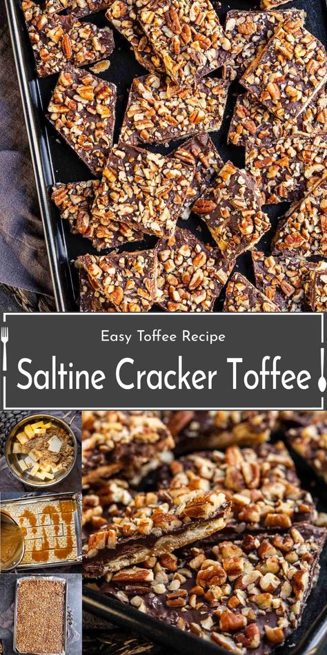 Make the ultimate sweet and salty treat with this easy Saltine Cracker Toffee recipe! Known as "Christmas Crack," this delicious dessert features buttery caramel, melted chocolate, and crunchy crackers topped with pecans. Perfect for the holidays or anytime you crave a quick holiday toffee treat, this homemade saltine toffee candy is a must-try! Chocolate-covered cracker toffee is a sweet and salty cracker dessert that is the ultimate crowd-pleaser for holidays, parties, and homemade gifts! Saltine Candy Recipe, Christmas Cracker Toffee Saltines, Bark With Saltine Crackers, Christmas Cracker Toffee Vegan, Easy Toffee Recipe With Crackers, Salted Toffee Crackers, Easy Saltine Cracker Candy, Toffee Bars Recipe Saltines, Toffee With Saltine Crackers