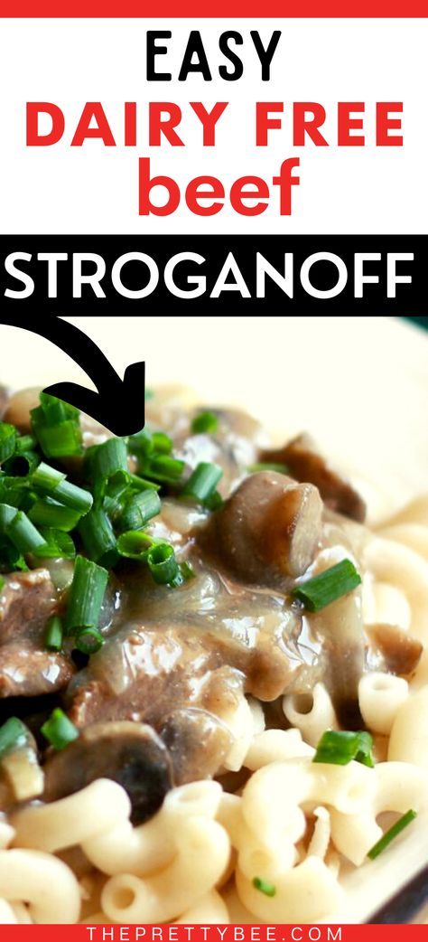 You can make the best, creamy, comforting beef stroganoff even without dairy! This delicious dish is perfect over rice or gluten free pasta. Save this recipe for a cozy Sunday dinner. Stroganoff Crockpot Recipes, Dairy Free Beef Stroganoff, Gluten Free Beef Stroganoff, Crockpot Dairy Free, Stroganoff Crockpot, Crock Pot Stroganoff, Recipes Dairy Free, Hawaiian Chicken Recipes, Beef Stroganoff Crockpot