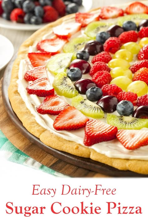 Dairy Free Party Snacks, Dairy Free Fruit Dessert, Gluten Free Fruit Pizza Crust, Gluten Free Fruit Pizza Cookies, Dairy Free Summer Desserts, Dairy Free Party Food, Dairy Free Pizza Cheese, Gluten Free Dairy Free Fruit Pizza, Dairy Free Fruit Pizza