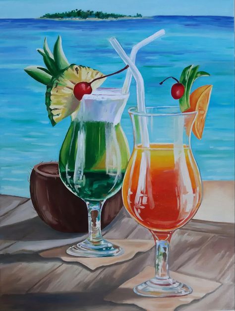 Boat Drinks, Art Plage, Drink Alcohol, Canvas For Beginners, Texture Painting On Canvas, Summer Painting, Easy Canvas Painting, Art Tropical, Acrylic Painting For Beginners