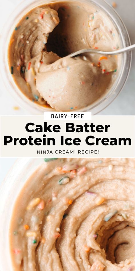 Creami Protein Ice Cream, Cake Batter Protein, Ninja Ice Cream Recipe, Protein Ice Cream Recipe, Cake Batter Ice Cream, Feasting On Fruit, Protein Ice Cream Recipes, Dairy Free Protein, Vegan Ice Cream Recipe