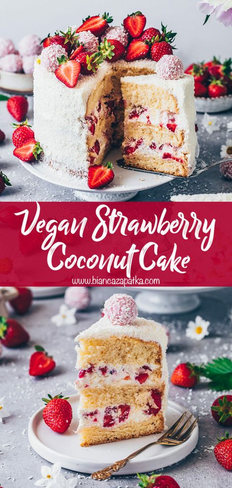 This Vegan Strawberry Coconut Cake with homemade pink Raffaello pralines is soft, moist, fluffy, and the perfect dessert for summer! It’s a simple vanilla layer cake with fresh strawberries, whipped dairy-free cream frosting, and naturally pink-colored homemade vegan coconut balls on top! This recipe contains helpful baking tips on how to make the perfect vegan layer cake! #strawberrycake #coconutcake #vegancake #layercake #strawberries #raffaellocake #coconut #summer #dessert #veganbaking #... Vegan Cake Recipes Birthdays, Strawberry Coconut Cake, Vegan Coconut Cake, Cake Almond, Strawberry Cake Recipe, Vegan Birthday Cake, Coconut Balls, Vegan Baking Recipes