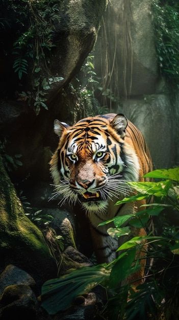 Tijger in de jungle wallpapers | Premium Photo #Freepik #photo #tijger #tijgers #sumatraanse #bengaalse-tijger Jungle With Animals, Tiger In Jungle, Lion Wallpapers, Tiger Photo, Tiger Artwork, Tiger Tattoo Design, Lion Wallpaper, Spirit Animals, Jungle Wallpaper