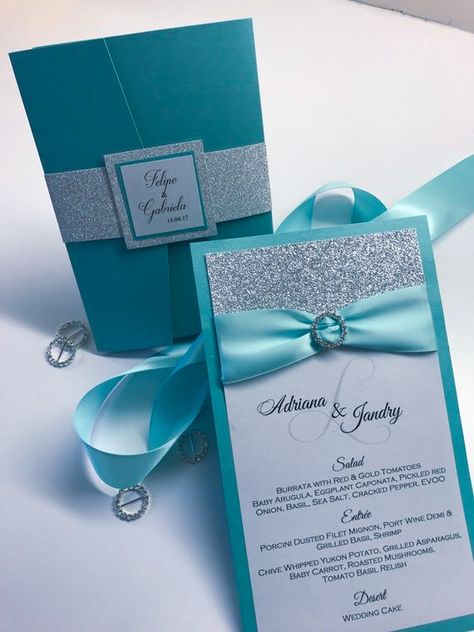 Teal And Silver Wedding, Teal Wedding Theme, Tiffany Blue Wedding Theme, Tiffany Birthday, Tiffany Theme, Elegant Wedding Menu, Modern Invitations, Teal And Silver, Tiffany Blue Wedding