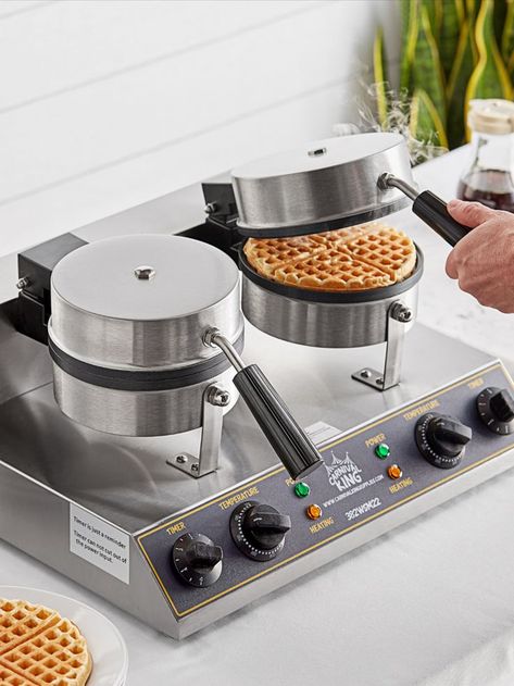 Person opening a waffle maker with a perfectly cooked waffle in it and ready to eat. Distilling Equipment, Restaurant Kitchen Design, Waffle Machine, Coffee Trailer, Waffle Irons, Belgian Waffle Maker, Bubble Waffle, Commercial Kitchen Equipment, Belgian Waffles