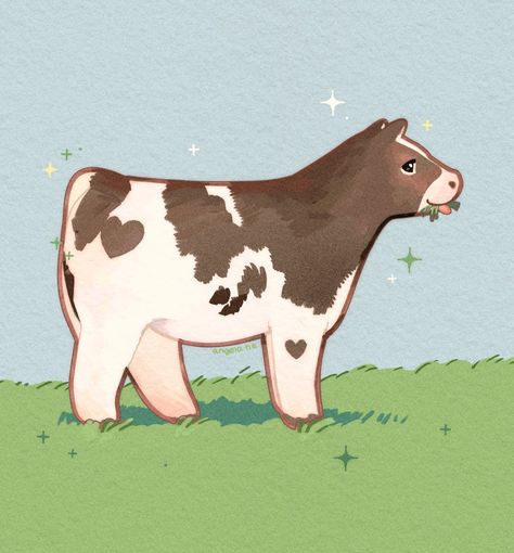 Angela He, Cow Grazing, Cow Illustration, Cow Drawing, Indie Drawings, Cow Painting, Cow Art, Cute Doodle Art, Cute Cows