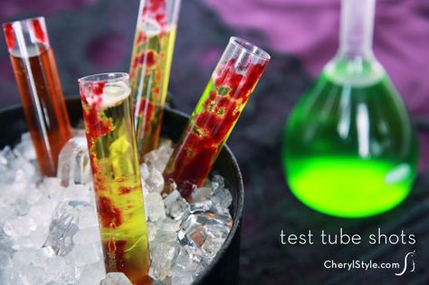 Test Tube Shots, Easy Cocktail Recipes, Halloween Shots, Fright Fest, Recipes Halloween, Cherry Sauce, Easy Cocktail, Spooky Treats, Test Tubes