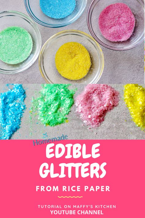 The easiest homemade diy edible glitter made with rice paper. Full tutorial on my YouTube channel (Maffy’s Kitchen). #diy #diyideas #edibleglitter #glitter #diyglitters #cakedecoratingtips #cakeideas Edible Cake Toppers Diy, Diy Edible Glitter, Rice Paper Cake Decorations, Make Edible Glitter, Edible Glitter Recipe, Cake Decorating Hacks, Homemade Sprinkles Recipe, Edible Glitter Sugar, Gelatin Cake