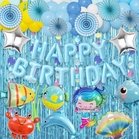 PRICES MAY VARY. Marine Birthday Decoration: Blue ocean themed party supplies set includes happy birthday balloon banner, large sea animal dolphin fish seahorse crab mermaid seashell foil balloons, latex balloons, bubble garland and tassel curtains. More Convenient: With our undersea animal birthday party decorations, you'll get everything you need in one convenient package. Say goodbye to the hassle of purchasing ocean-themed decorations individually and plan your magical undersea adventure wit Ocean Theme Party Decorations, Ocean Themed Party, Under The Sea Party Decorations, Sea Party Decorations, Balloons Happy Birthday, Fringe Curtains, Happy Birthday Balloon Banner, Fishing Birthday Party, Ocean Theme Party