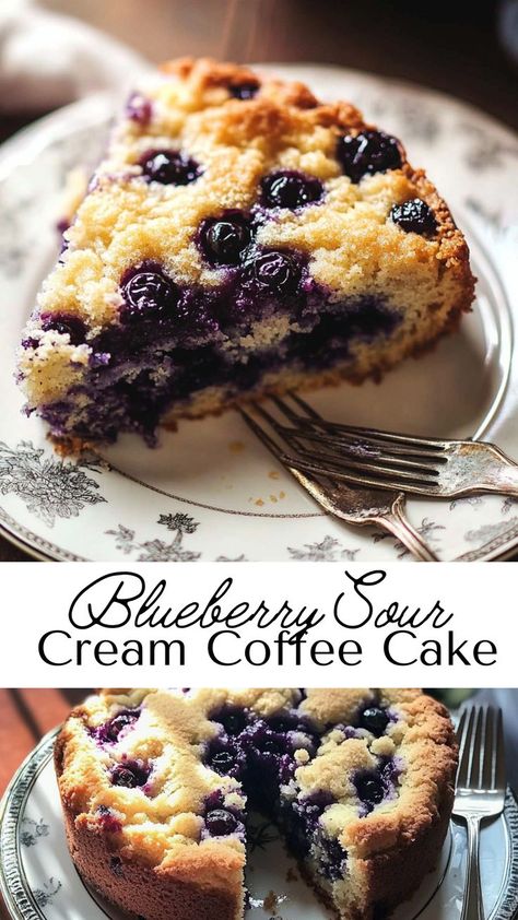 Indulge in the ultimate coffee cake experience with this blueberry sour cream delight. Fresh blueberries are folded into a rich, sour cream batter, creating a tender and flavorful base. Finished with a crumbly cinnamon streusel topping, it’s an elegant yet comforting bake perfect for any occasion. Serve this cake warm with a dollop of whipped cream or enjoy it as-is for a sweet start to your day. Blueberry Streusel Cake, Blueberry Sour Cream Pound Cake, Blueberry Sour Cream Cake, Blueberry Sour Cream Coffee Cake, Recipes Using Sour Cream, Cinnamon Streusel Topping, Yellow Cake Mix Recipes, Streusel Cake, Blueberry Coffee Cake