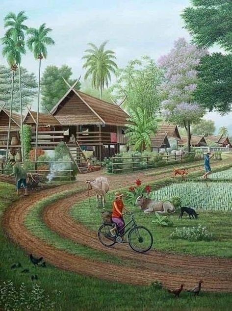 Follow us to get more beautiful WhatsApp / Facebook / Instagram profile DPs. Village Scene Drawing, Filipino Art, Imagination Art, Farm Paintings, Dreamy Artwork, Art Village, House In Nature, Beautiful Art Paintings, Gouache Art