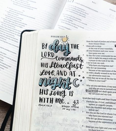 Emma's Bible Journaling on Instagram: "“By day the Lord commands his steadfast love, and at night his song is with me, a prayer to the God of my life.” ‭‭Psalm‬ ‭42:8‬ ‭ESV‬‬ Bible : ESV Single Column Journaling Bible (Lion and the lamb) from @crosswaybooks #emmasbible #bibleart #biblenotes #bible #biblestudy #biblejournaling #biblejournalingideas #biblejournalingcommunity #journalingbible #psalms #psalm42 #esvjournalingbible #crosswaybooks #crossway #mildliners #micronpen #tombowfudenosuke" Psalm 8 Bible Journaling, Psalms Bible Journaling, Bible Journaling Psalms, Psalms 8, Psalm 8, Bible Drawings, Lion And The Lamb, Bible Lettering, Bible Doodles