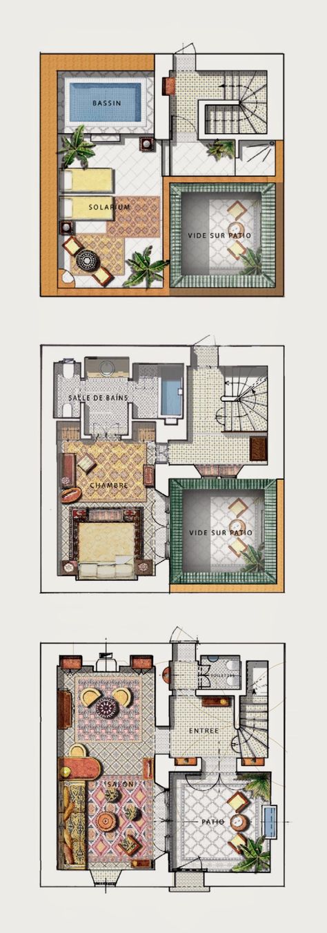 Riad Style House Plans, Riad House Plan, Sims 4 Courtyard House, Small Courtyard House Plans, Small Riad, Moroccan House Plan, Small Courtyard House, Riad Floor Plan, Royal Mansour Marrakech