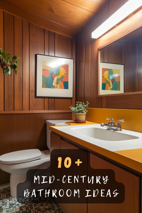 Love retro vibes? These 10 mid-century bathroom ideas feature wood vanities, geometric tiles, and vintage lighting for a chic and functional space. 🛁✨ #RetroBathroomInspo #MidCenturyDesign #BathroomIdeas #TimelessStyle #ModernRetroVibes #BathroomGoals #InteriorDesignInspo Mcm Bathroom Ideas, Mcm Bathroom Vanity, Mid Century Modern Half Bath, Retro Tile Bathroom, 1960 Bathroom, 70’s Bathroom, Rust Bathroom, Modern Half Bath, 60s Bathroom