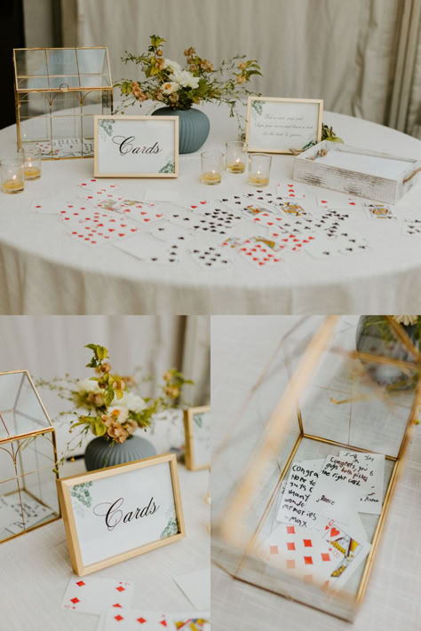 Playing cards used as a wedding guestbook Wedding Guest Book Table Set Up, Cute Wedding Guest Book Ideas, Ideas For Guest Book Wedding, Playing Card Wedding Guest Book, Deck Of Cards Guest Book, Playing Card Guest Book, Unique Guest Book Ideas For Wedding, Game Guest Book, Playing Card Wedding