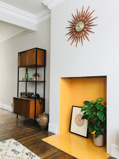 Dining Room Snug, Red Tiled Fireplace, Tiled Chimney Breast, Disused Fireplace Ideas, Funky Fireplace Ideas, Empty Fireplace, Mid Century Fireplace Uk, 1960 Fireplace, Yellow Tile Fireplace