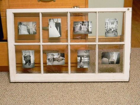 using an old window to display photos, crafts, repurposing upcycling, This is definitely my favorite piece of art in the whole house It just makes me smile Window Frame Picture, Old Window Frames, Wedding Photo Display, Window Projects, Funky Junk Interiors, Photo Corners, Old Windows, Window Frames, Photo Projects