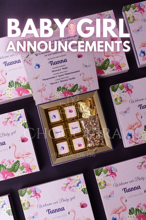 Personalized Chocolate Boxes for Baby Girl Birth Announement by Chocovira Baby Birth Announcement Ideas, Birth Announcement Ideas, Chocolates Gift, Chocolate Boxes, Customised Gifts, Packaging Template, Baby Birth Announcement