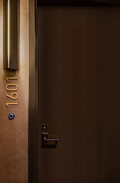 Kimpton Sawyer Hotel Sacramento - RIOS Apartment Corridor Design Interiors, Room Number Signage, Apartment Entry Door, Hotel Doors Design, Signage And Wayfinding, Resturant Design, Hotel Sign, Entry Door Designs, Hotel Signage