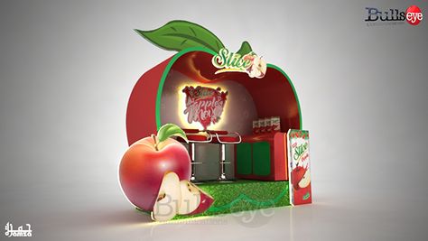 Slice Apple Booth and truck Float Fruit Booth Design, Apple Booth Design, Apple Window Display, Fruit Kiosk, Food Booth, Apple Exhibition, Apple Retail Store Design, Booth Design Exhibition, Pet Food Store