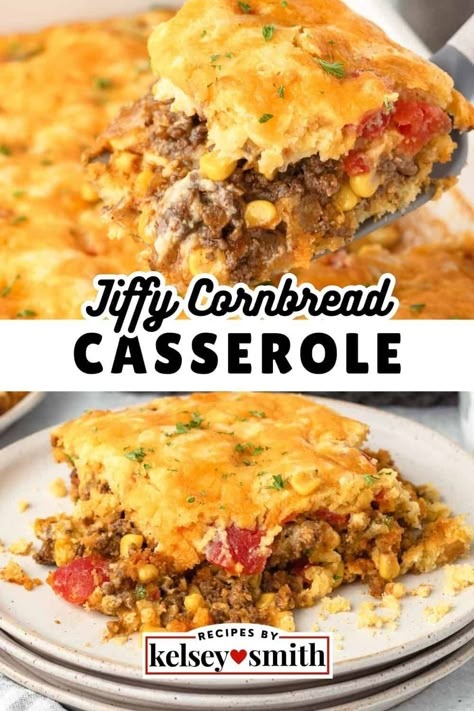 Ground Beef Jiffy Cornbread Casserole is made with layers of seasoned beef, corn, tomatoes, and cheese between two layers of cornbread. This is the ultimate comfort food dinner that’s super easy to make for the whole family. With simple ingredients, this recipe is for a 9x13 dish and makes 8 servings, perfect for busy weeknights. It reheats well, so you’ve got lunch or dinner covered for the next few days. Cornbread Souffle Jiffy, Mexican Casserole With Beef Cornbread, Beef And Cornbread Casserole, Pinto Bean Casserole Cornbread, Ground Beef And Cornbread Recipes, Dinner Ideas With Cornbread, Cornbread Taco Bake Jiffy, Cowboy Casserole Cornbread, Jiffy Cornbread Recipes Casseroles