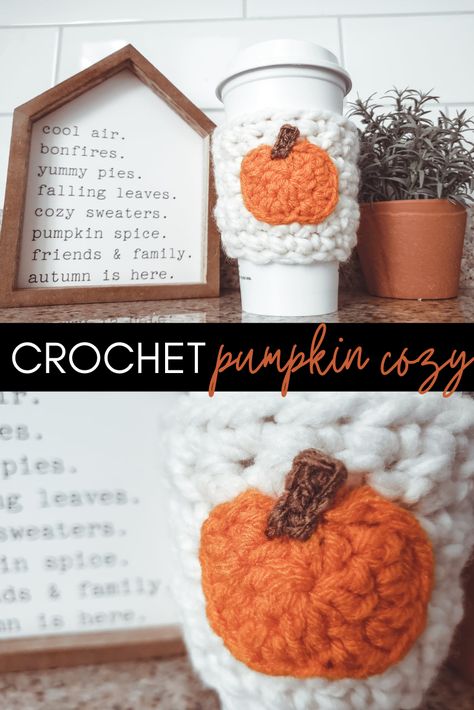 Pumpkin Coffee Cozy Crochet Pattern, Fall Crochet Gift Ideas, Crochet Pumpkin Coffee Cozy, Crochet Pumpkin Cozy, Fall Crochet Coozie, How To Crochet A Coffee Cozy, Crochet Halloween Mug Cozy, Pumpkin Crochet Coozie, Crochet Pumpkin Mug Cozy