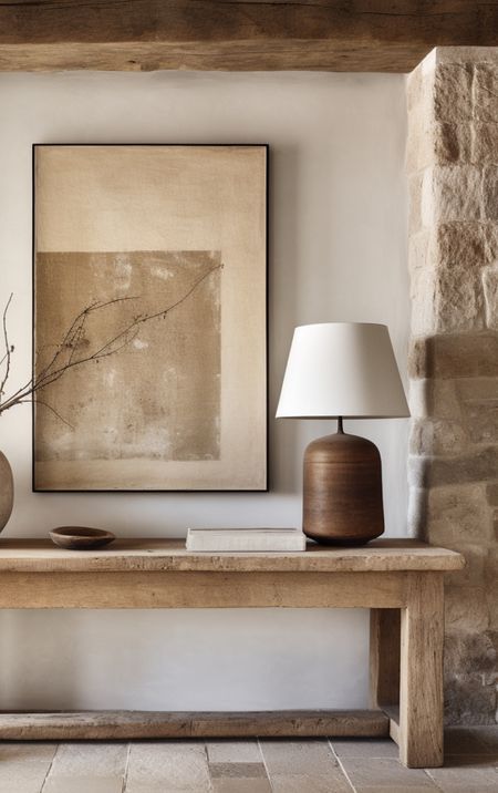 Earthy Entryway Ideas, White Oak Console Table, Wabi Sabi Console Table, Hall Tables Ideas, Organic Entryway, Diy Wood Console Table, Cottage Console Table, Entry Way Console Table, Lamp Entryway