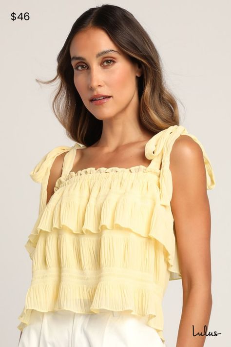 Tiers to Summer Yellow Tie-Strap Tiered Tank Top | X-Small Dainty Tops, Yellow Summer Top, Summer Wishlist, Preppy Tops, Senior Style, Cute Summer Tops, Yellow Tank, Summer Yellow, Rosemary Beach