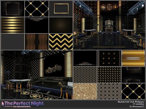 The Perfect Night Black&Gold Club Wallpaper. Found in TSR Category 'Sims 4 Walls' Mod Wall, Rustic Staircase, Lotes The Sims 4, Club Wallpaper, Club Furniture, Sims 4 Cheats, Gold Furniture, Gold Living Room, Casas The Sims 4