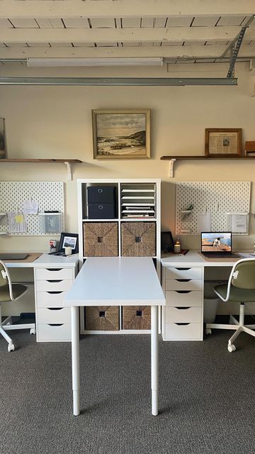 Kallax Craft Desk, 2 Person Desk Home Office Ikea Hack, Multi Desk Office Layout, Ikea Kallax Office Ideas, Kallax Desk Combination, Double Desk Home Office Ikea, Ikea Double Desk With File Cabinets, Kallax Workstation, Kallax / Lagkapten Desk