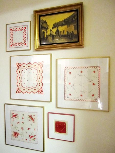 Vintage Handkerchiefs Crafts, Wall Galleries, Handkerchief Crafts, Vintage Hankies, Vintage Napkins, Embroidery Transfers, Diy Decorating, Vintage Handkerchiefs, Diy Vintage