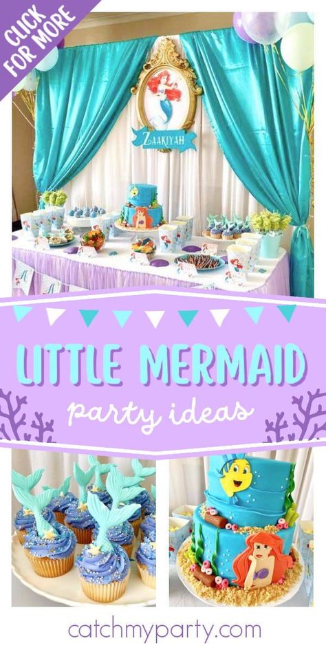 Take a look at this pretty Little Mermaid birthday party! The cookies are so cute! See more party ideas and share yours at CatchMyParty.com Arial Birthday Party Ideas, The Little Mermaid Birthday Party Ideas, Mermaid Birthday Party Table Decorations, Little Mermaid Dessert Table, Under The Sea Birthday Party Girl, Disney Little Mermaid Birthday Party, Little Mermaid Party Decorations, Little Mermaid Birthday Party Ideas, The Little Mermaid Birthday Party