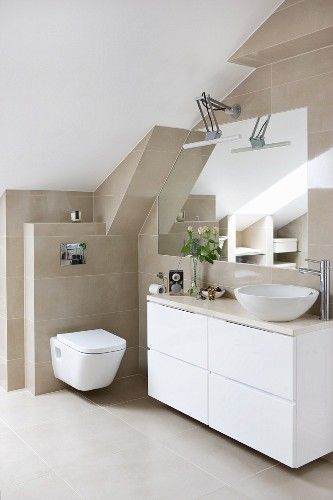 Modern washstand with countertop sink and white base unit in bathroom with sand-coloured wall and floor tiles Beach Bathroom Design, Sand Bathroom, Sand Floor, Countertop Sink, Interior Design Images, Unique Photos, Sink Countertop, Upstairs Bathrooms, Main Bathroom