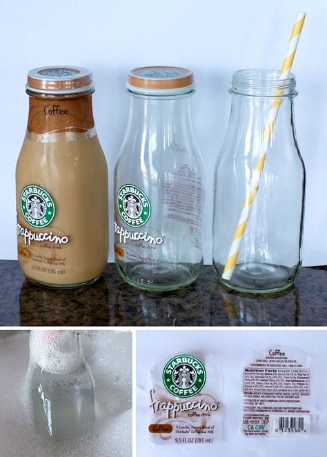 Starbucks Glass Bottles, Starbucks Frappuccino Bottles, Trendy Drinks, Starbucks Bottles, Frappuccino Bottles, Glass Store, Starbucks Frappuccino, Glass Milk Bottles, Remove Labels