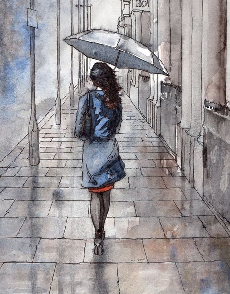 Umbrella Drawing, Girl In Rain, Girl With Umbrella, Umbrella Painting, Photo Macro, Rain Painting, Rain Art, Umbrella Art, Walking In The Rain