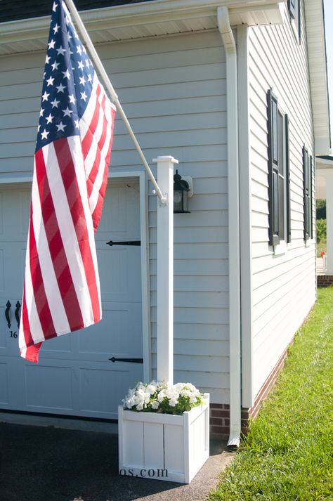 Flag Pole Planter | inbetweenchaos.com American Flag On House, Flag On House, Flag Pole Landscaping, Flag Display, Design Your Own Home, Garden Flag Stand, Up House, Outdoor Flags, Backyard Projects