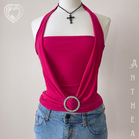 ON HOLD* ✧˚ · Vintage y2k hot pink halter top ✧˚ ·... - Depop Late 90s Fashion, Swaggy Fits, Depop Clothes, Pink Y2k Outfit, Halter Tops Outfit, Hot Pink Outfit, Shopping Addict, Pink Halter Top, 2000s Fashion Trends